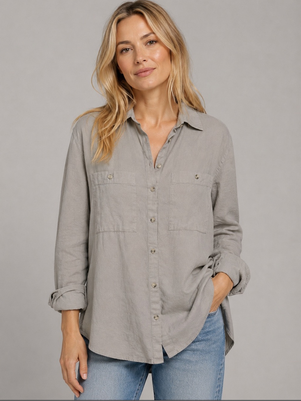 🇨🇦 Club Monaco Gray 100% Cotton Utility Shirt Women’s Button Down Long Sleeve